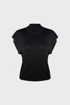 Black Rib-Knit Mock Neck Cap Sleeve Top