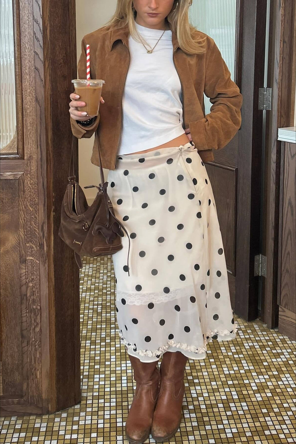 Polka Dot Satin High-Waisted A-Line Skirt