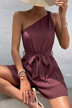 One-Shoulder Tie-Waist Textured Romper