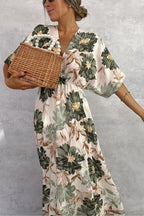 Retro V-neck Printed Short-sleeved Waist-length Maxi Dress