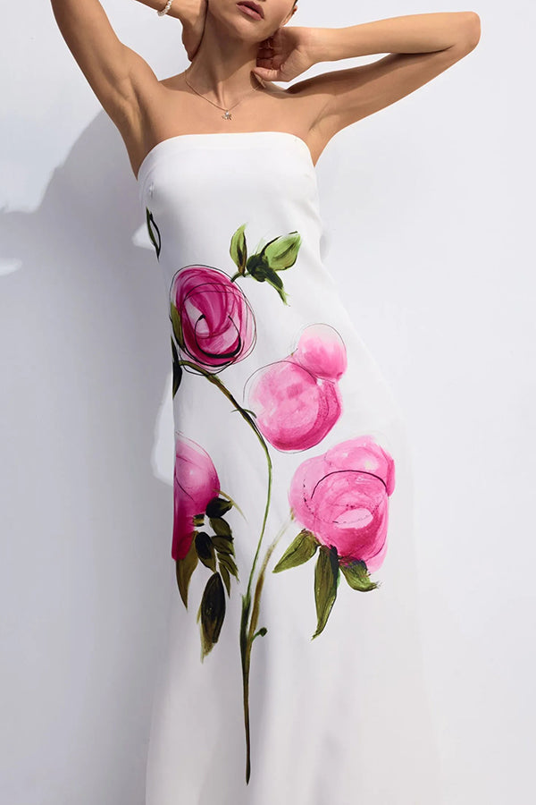 Garden Wedding Painted Roses Print Strapless A-line Maxi Dress