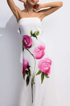 Garden Wedding Painted Roses Print Strapless A-line Maxi Dress