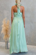 Coral Textured Metallic Chiffon Material High Tie Neck Ruffles Maxi Dress