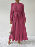 Delaney Chic Long Sleeved Maxi Dress with Tie Belt Elevated Occasion Wear