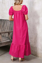 Women's Puff Sleeve Square Neck Check Maxi Dress