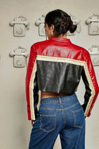Studded Colorblock PU Moto Jacket