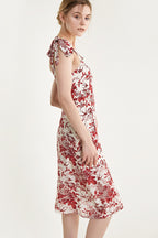 Beige Floral Print Tie Strap Slit Hem Midi Dress
