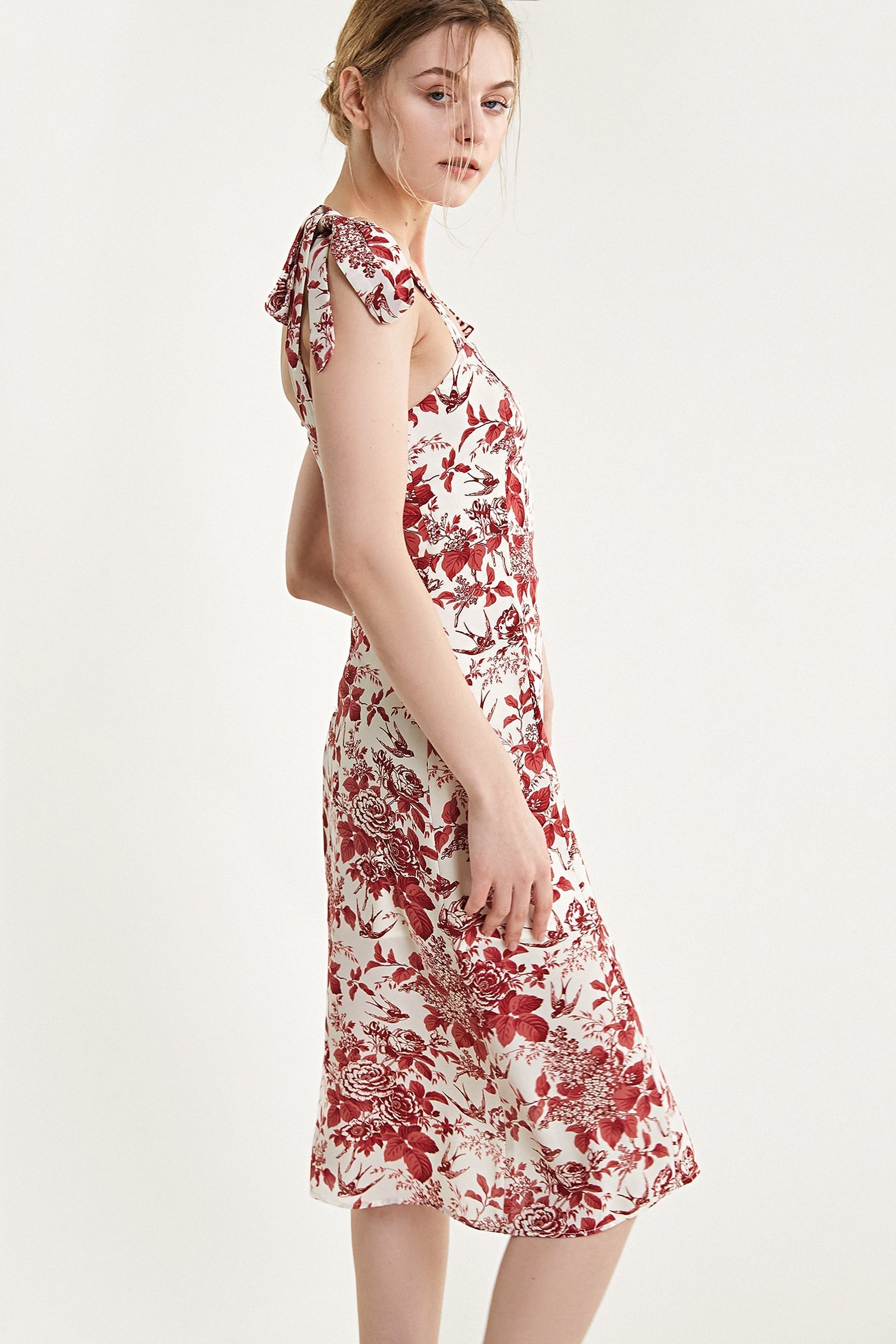 Beige Floral Print Tie Strap Slit Hem Midi Dress