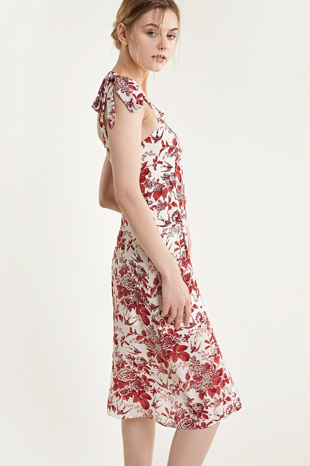 Dark Red Floral Print Tie Strap Slit Hem Midi Dress
