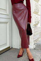 Anchor Red High Waist Slit Pencil Skirt