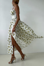 Floral Cami Tie High Waist Slit Midi Dress