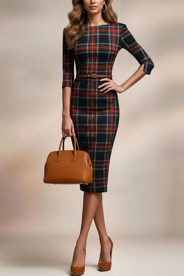 Plaid Print Half Sleeves Fitted Elegant Midi Dress