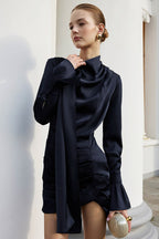 Matte Satin Bell Sleeve Stand Collar Elegant Mini Dress
