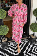 V-Neck Floral Print Puff Sleeve Relaxed Midi Dress
