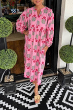 V-Neck Floral Print Puff Sleeve Relaxed Midi Dress