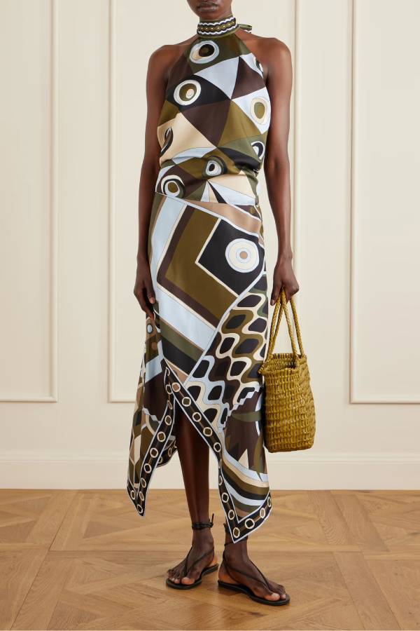 Retro Geometric Print Halter Open-Back Asymmetrical Two-piece Skirt Set