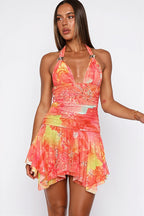 Floral Print Halter Tie Ruffle Mini Dress