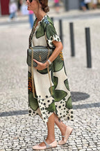 Green flower v-neck short-sleeved loose dress