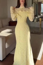 Multi-Color Stand Collar Lace Backless Tie Mermaid Maxi Dress