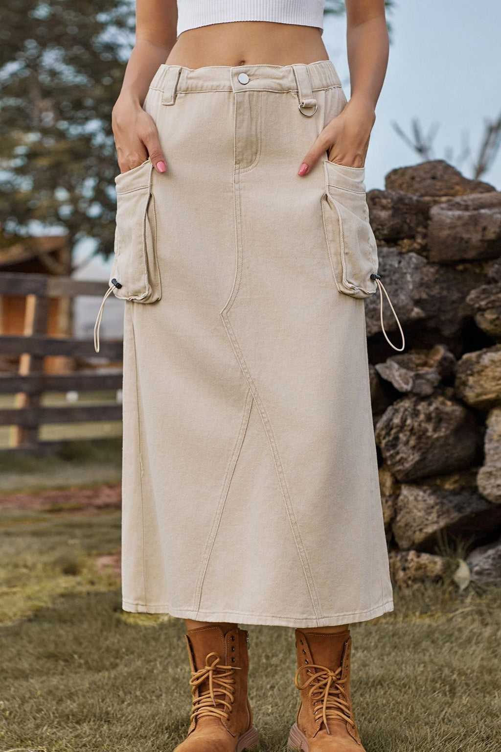 Vintage High-Waist Denim Cargo Midi Skirt