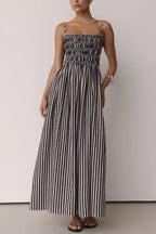 Striped Print Spaghetti Strap Pleated Pocket Casual Vacation Maxi Dress