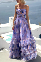 Dreamy Clouds Tulle Printed Rose Detail Cutout Ruffles Tiered Halter Maxi Dress