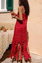 Juju Embroidered Cutout Polka Dots Square Neck Tassel Hem Slip Maxi Dress