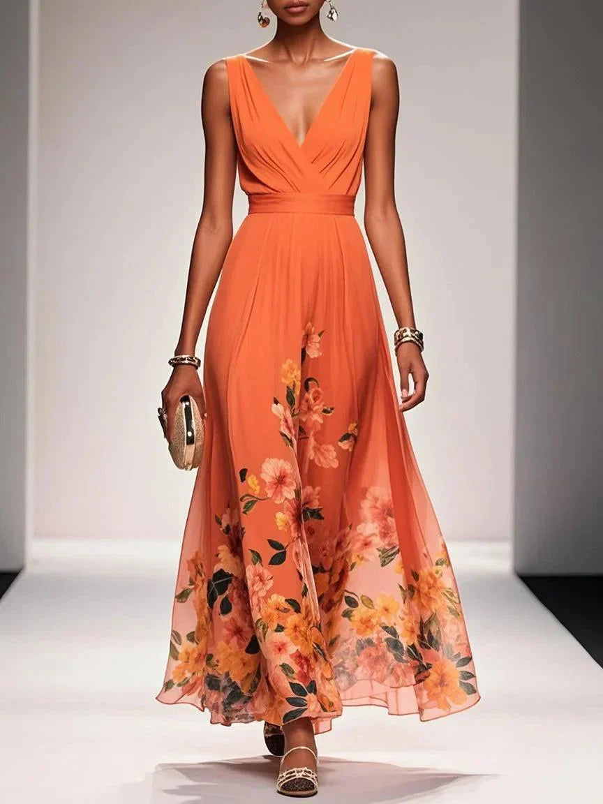 Light Blue Floral Chiffon V Neck Sleeveless A-Line Maxi Dress