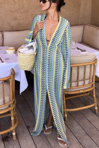 Elegant women's cardigan beach knitted colorful wave print long sleeved vacation dress