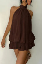 Fashionable Chiffon Halter Neck Backless Lace-up Casual Vacation Mini Dress