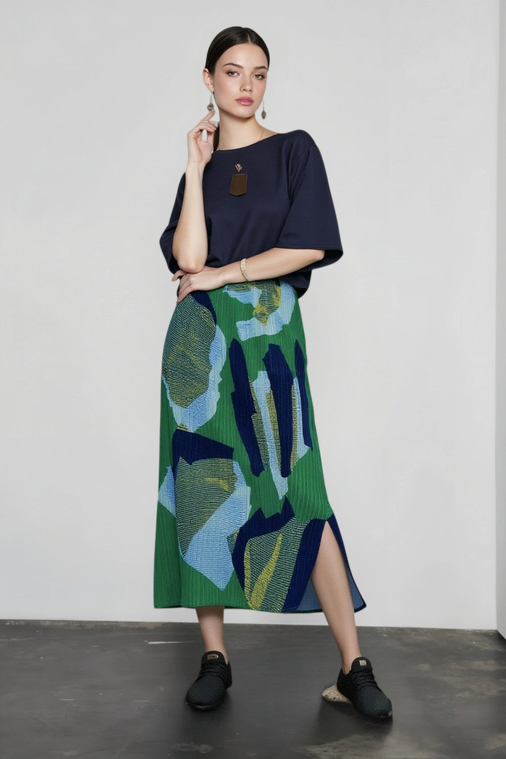 Color Block Print Pleated Vacation Skirt