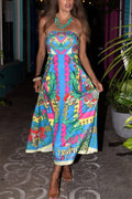 Unique Printed Sleeveless Off-shoulder Casual Vacation Midi Dresses