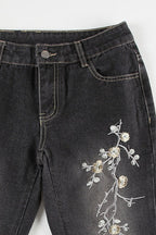 Plant Embroidered Low Waist Flare Jeans