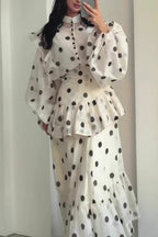 Polka Dot High-Neck Puff-Sleeve Tiered Maxi Dress