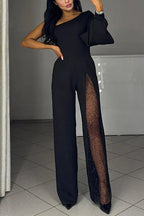 Stylish One Shoulder Slit Long Sleeve Mesh Splice Wide Leg Jumpsuit