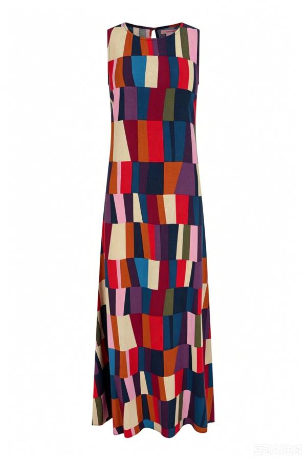 Retro Chic Linen Blend Colorful Color Block High Round Neck Sleeveless Maxi Dress