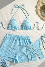Solid Halter Lace Up Three Piece Swim Set