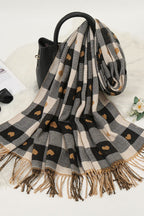 Faux Cashmere Double-Sided Heart Plaid Fringed Scarf