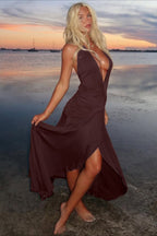 Halter V-Neck Backless Ruched High Slit Party Dress
