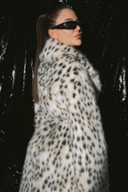 Leopard Faux Fox Fur Notched Lapel Belted Long Overcoat