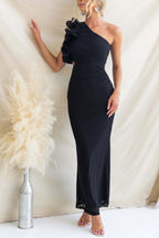 Fashionable Mesh Sleeveless One-shoulder Waist-revealing Maxi Dress