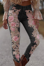 3D Floral Print Pocket Casual Jeans