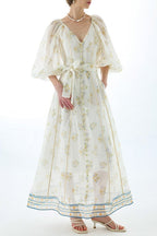 Embroidered Puff Sleeve Tie Boho Dress