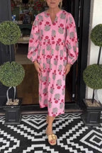 V-Neck Floral Print Puff Sleeve Relaxed Midi Dress