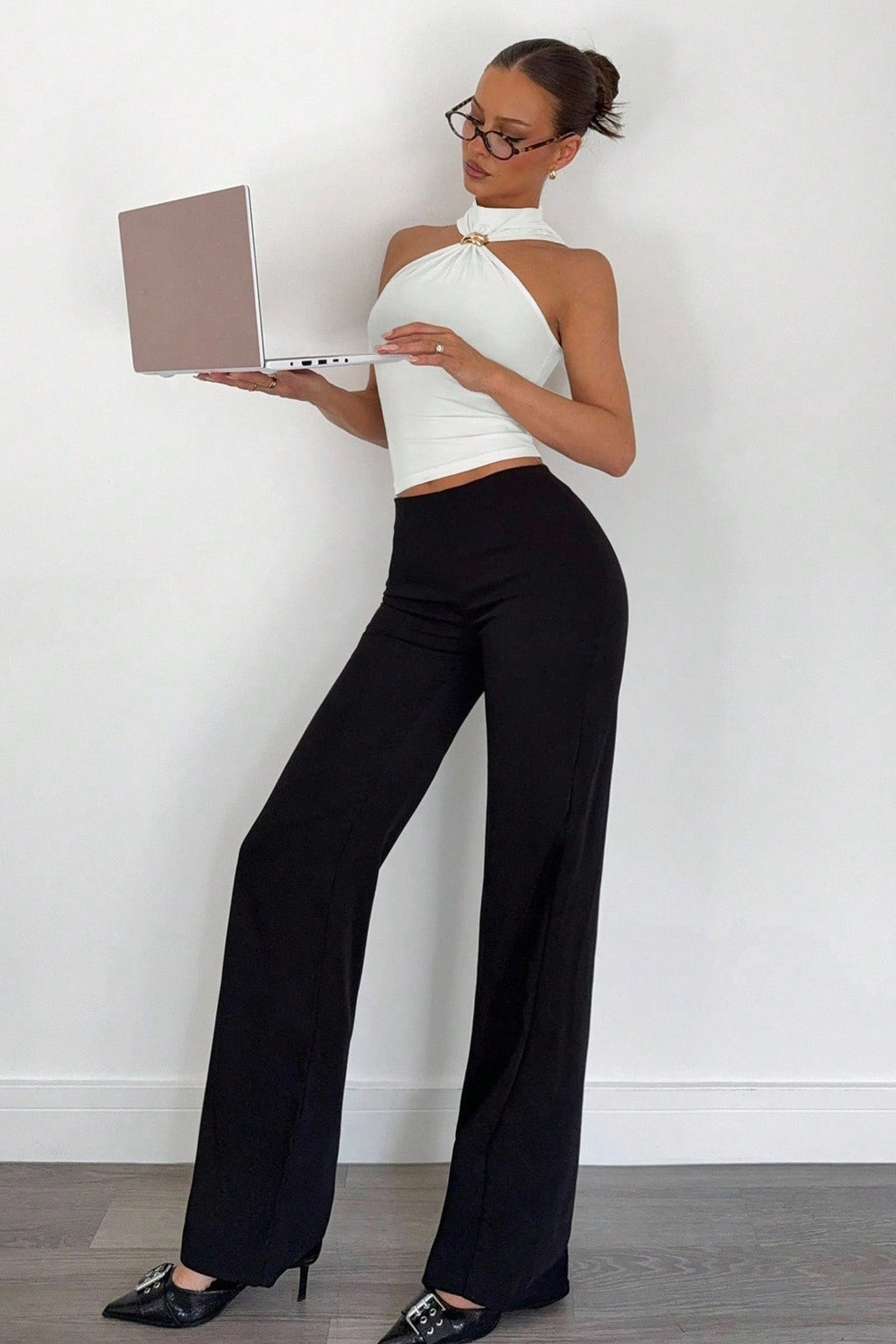 High Neck Metal Ring Sleeveless Off Shoulder Tank Top
