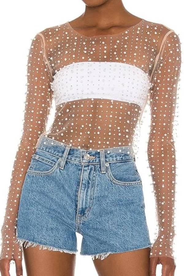 Sheer Long-Sleeved Blouse with Pearl Embellishments