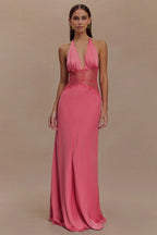 Deep V HighWaist Halter Backless Midi Silk Dress