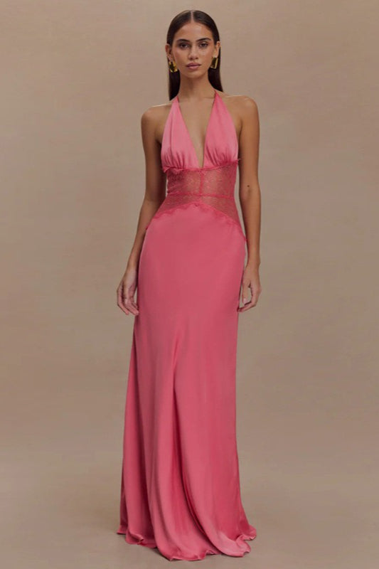 Deep V HighWaist Halter Backless Midi Silk Dress