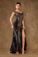 Sexy Off Shoulder Heavy-Sequin Split Slim Sequin Dress
