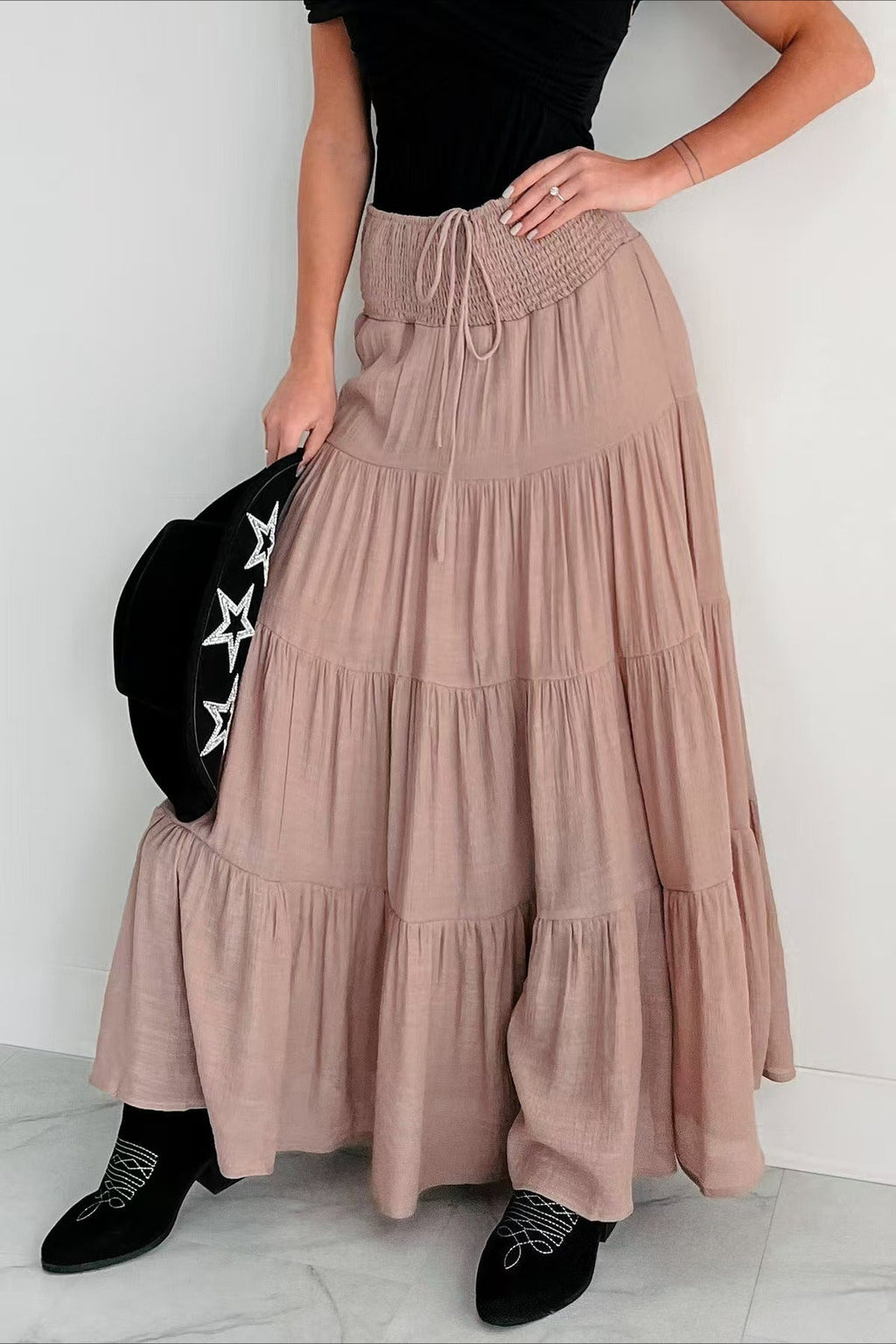 Boho Chic High Waisted Contrast Drawstring A Line Maxi Skirt
